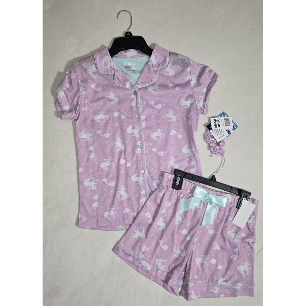 NWT Sleep On It Girls 14/16 Unicorn Pajama Set 3pc Button Down Shorts Scrunchie
